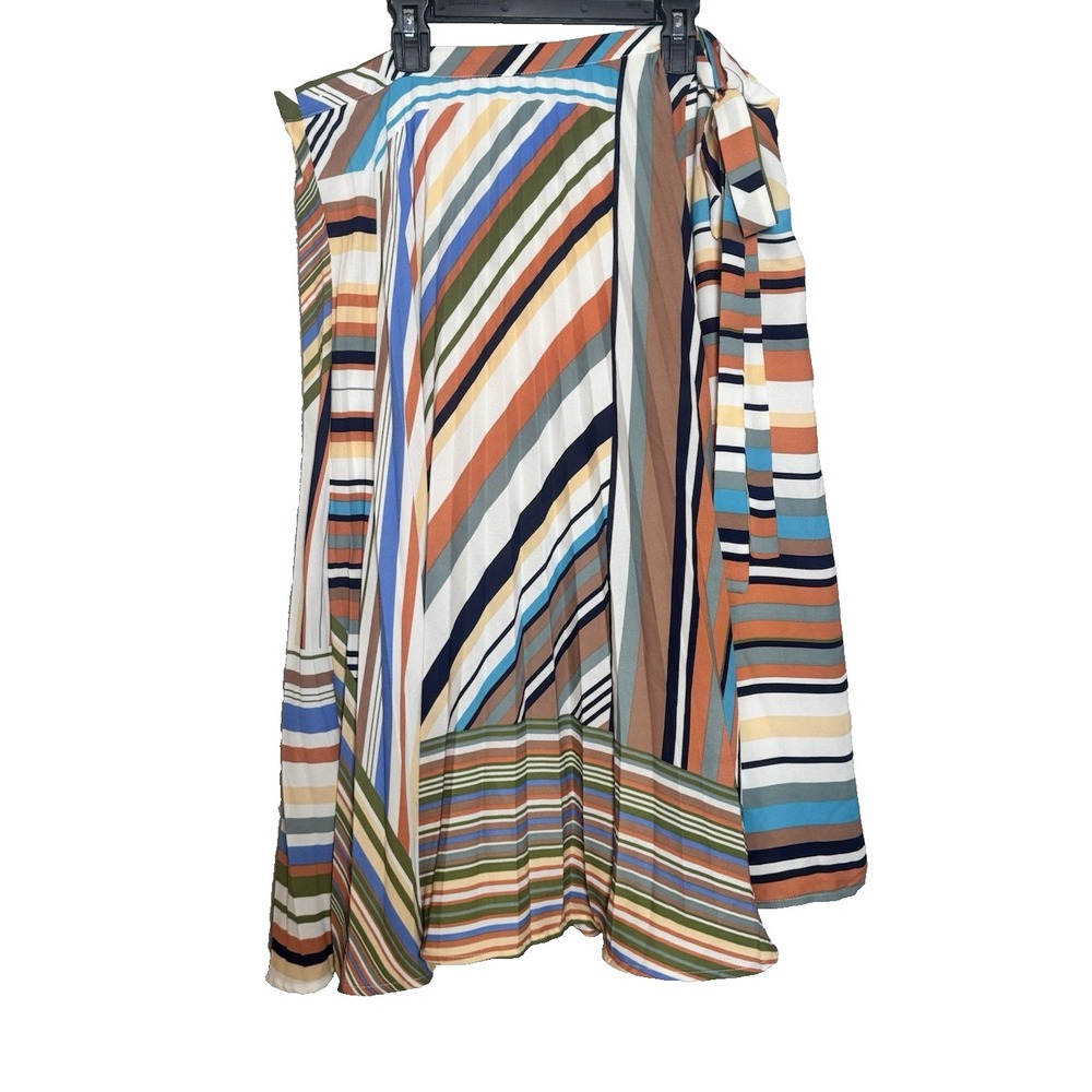 7th Avenue Design Studio Stripe Pleated Skirt NEW Beige Blue Side Tie Adjustable